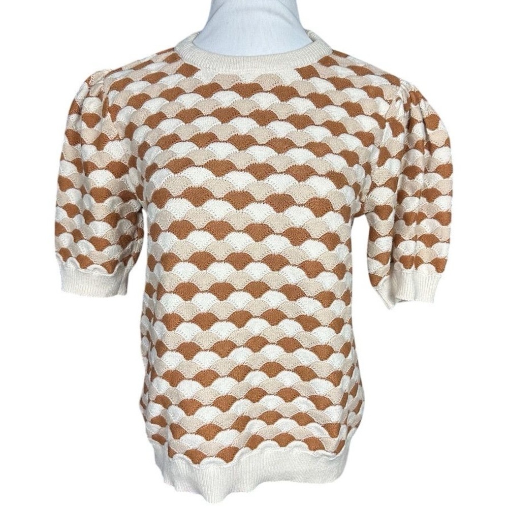 Les Serein Women's Puff Sleeve Knit Sweater White & Brown Geometric Size L